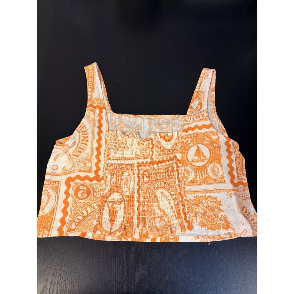 NWT Atelier Nicole Miller Linen Blend Crop Top L Orange Bermuda Stamp Coastal - Picture 5 of 8